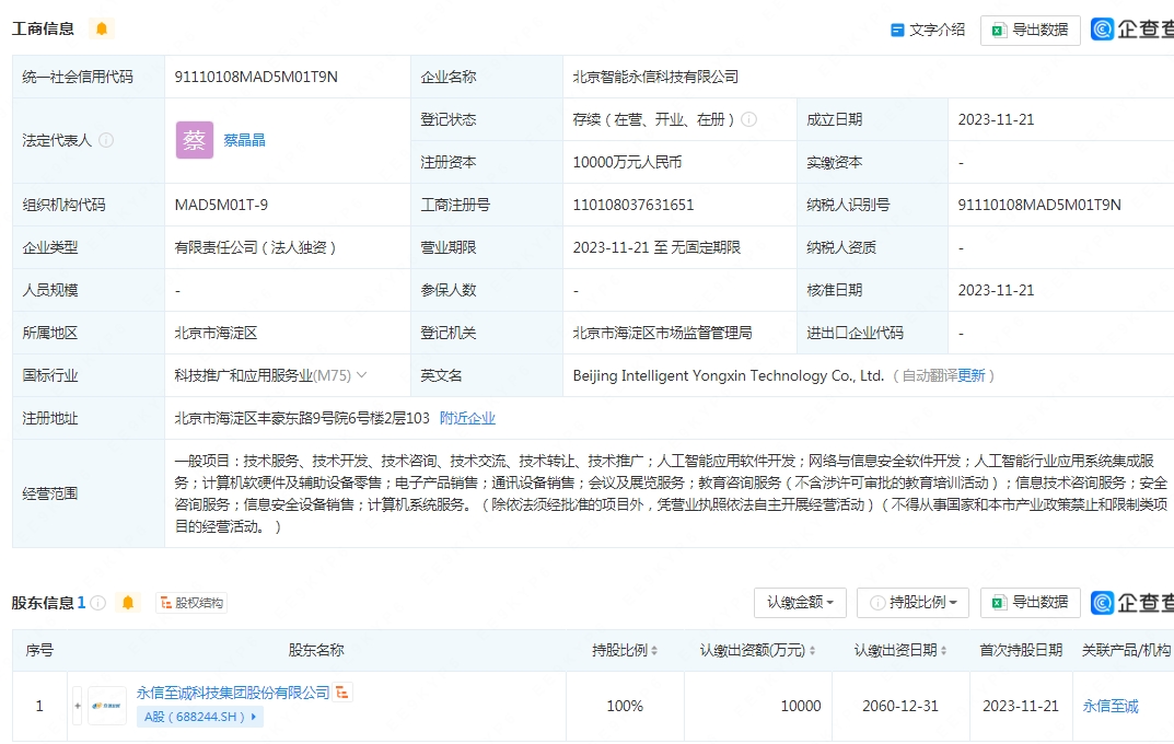 永信至诚斥资1亿元设立科技子公司，深耕AI软件开发新赛道